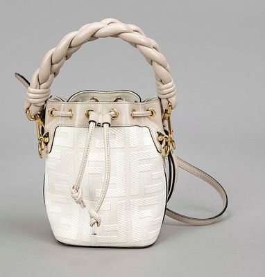 Fendi, FF Embroidered Canvas Mon Tresor Mini Bucket Bag, sand-colored and cream-white canvas 