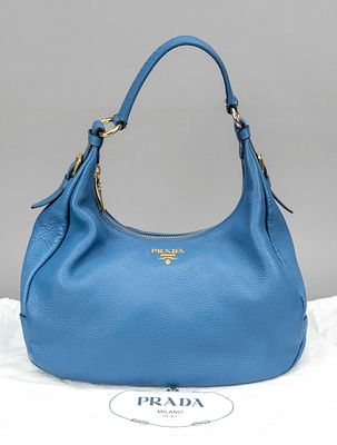 Prada, Blue Vitello Daino Hobo Bag, cobalt blue grained leather, gold-colored hardware, single 