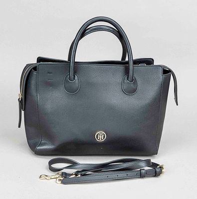 Tommy Hilfiger, Black Shopping Tote Bag, black coarse-grained faux leather, gold-colored 