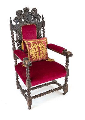 Magnificent armchair, circa 1880, oak, richly carved decoration, crowned by a fully sculpted 