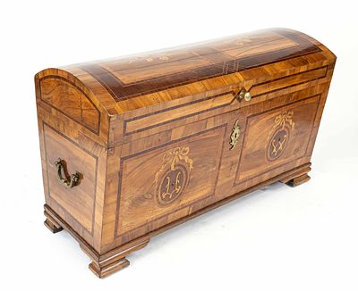 Round-lidded chest, late 18th century, walnut and other fine woods veneered and inlaid, framed 