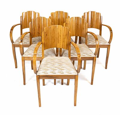 Set of six Art Deco armchairs, circa 1920, cherry wood, slightly curved legs, 90 x 47 x 44 cm