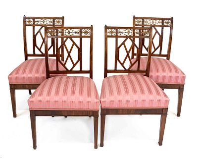 Set of four rare, high-quality classicist chairs, circa 1800, mahogany, frame with conical legs 