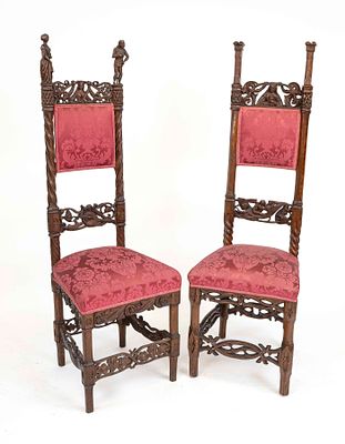 Two high-backed historicist chairs, circa 1880, oak, rich carving and woodturning, four braced 