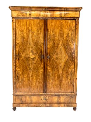 Biedermeier linen cupboard, circa 1830, walnut burl veneer, 2-door body with drawer, narrow 