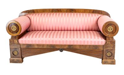 Exceptional Biedermeier sofa, early 19th century, mahogany with thread inlays, cylindrical 