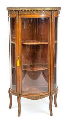 French display cabinet, circa 1900, walnut, semi-circular 3-sided glazed body with one door 