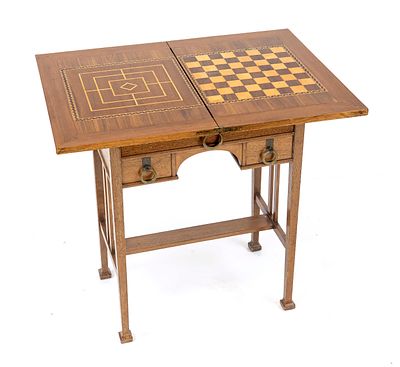 Game table, circa 1910, oak, folding top with playing areas for checkers and nine men's morris 