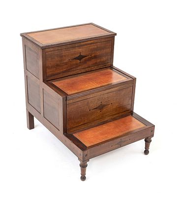 English library staircase, circa 1900, mahogany, lid folds up, steps covered with red leather 