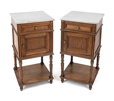Pair of bedside tables, circa 1880, oak, 1-door body with drawer standing on high legs, white 
