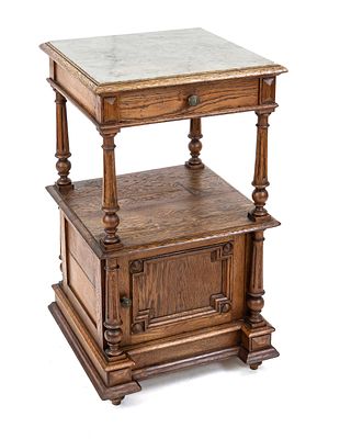 Side cabinet, circa 1880, oak, door below, drawer above, open compartment with turned woodwork 