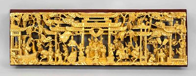 Large carving (panel from a piece of furniture?), China 29th century, wood, painted red and 