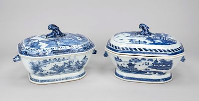 Pair of blue and white lidded tureens, China, 18th century (Qing). Cobalt blue landscape 