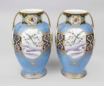 Pair of vases, Japan, 20th century. Decorated with oval, gold-framed reserves with flowering 