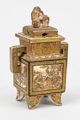 Satsuma Koro, Japan 19th century (Meiji). Cube-shaped body with figurative representations on 4 