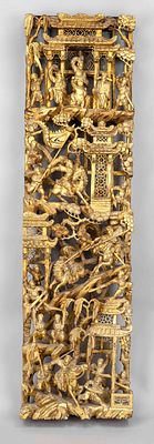 Carved panel, China late 19th century (Qing), wood with red and gold lacquer. Openwork scene 
