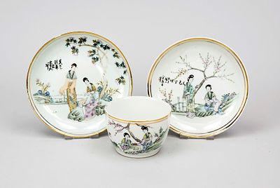 Bowl and pair of plates, China, Republican period. Decorated with palace ladies in the garden 