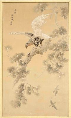 Silk embroidery, China, 19th century (Qing). Eagle with outstretched wings on a gnarled pine 