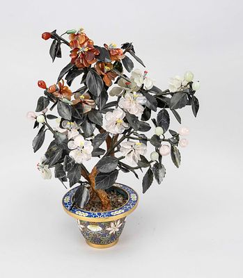 Blooming bonsai, China, 20th century, cloisonn&eacute; cachepot with lotus flower decoration, leaves 