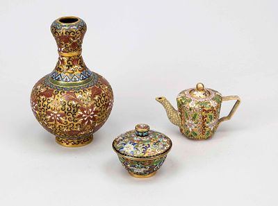 Set of 3 cloisonn&eacute; pieces, China, 20th century, all with lotus decoration in different colors. 