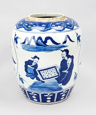 Large blue and white pot, China, 19th century (Qing). Circumferential decoration in cobalt blue 