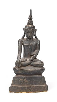 Shan Buddha, Burma/Myanmar, probably 19th century, bronze. Seated in Padmasana on a profiled 