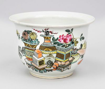 Cachepot with antique decoration, China, probably Republican period. Base with hole, H. 12/D. 18 cm
