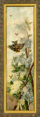 Monogrammist A.F. Late 19th century, Flowering branch with birds, oil on canvas, monogrammed 