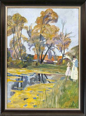 Ferdinand Albert Burger (1879-1959), Mother and Child on the Lakeshore, oil on cardboard, circa 