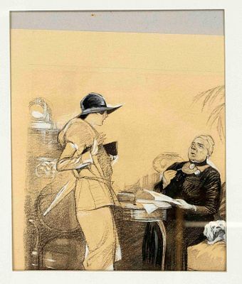 Hans Rudolf Pfeiffer (1874-?), two drawings from the 1920s, Family at the Dining Table and 