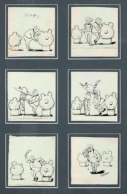 Unidentified caricaturist, 1st half of the 20th century, 6 drawings with a series about a 
