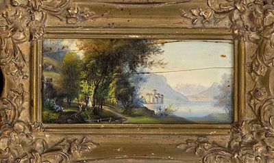 Swiss painter, circa 1900, small view of the Ch&acirc;teau de Chillon on Lake Geneva, oil on panel (2 