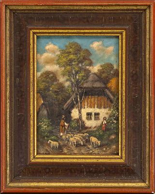 Signed Heuberger, painter circa 1900, group of shepherds in front of a hut, oil on wood, signed 