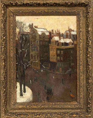 Matthijs Hage (1882-1961), Dutch artist, wintery, metropolitan street scene, oil on canvas 
