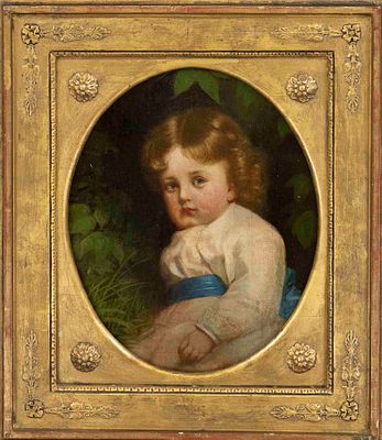 Munich portrait painter, mid-19th century, oval portrait of a small child with blue belly band 