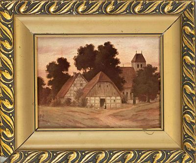 Unknown artist around 1930, Village in the evening light, oil on cardboard, unsigned, 19 x 24 