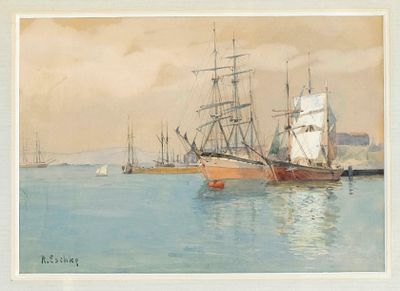 Hermann Richard Eschke (1859-1944), Harbor scene, watercolor and gouache over pencil on paper 