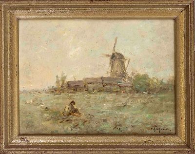Josef Helmut Schilhabel (1896-1970), Impressionist landscape with windmill, oil on cardboard 