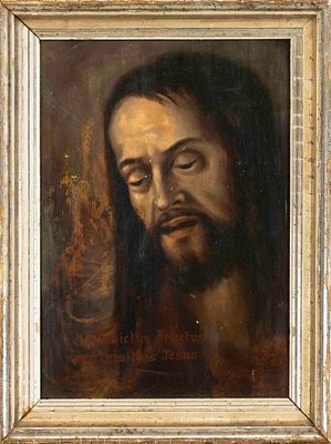 Devotional image from the early 20th century, portrait of Christ with a quote from the Ave 
