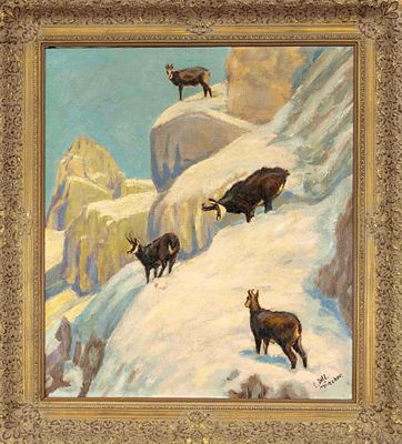 Emil Dill (1861-1938), probably, Chamois in the High Alps, oil on canvas, signed and inscribed 