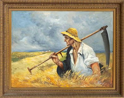 signed Pain, mid-20th century, Reaper in the Field, oil on canvas, signed lower right, 67 x 88 