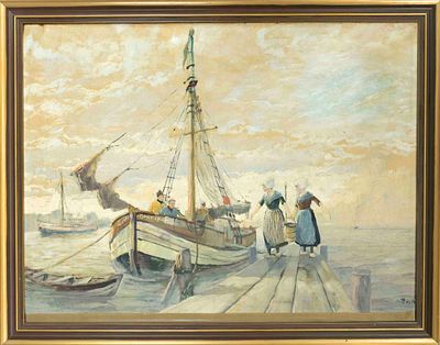 Patrick von Kalckreuth (1892-1970), Fishermen returning home at the jetty, oil on canvas 