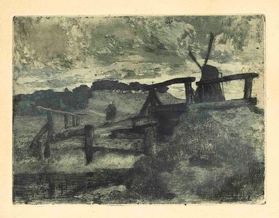 Fritz Overbeck (1869-1909), The Mill, aquatint in blue, signed lower right in the plate, 18 x 