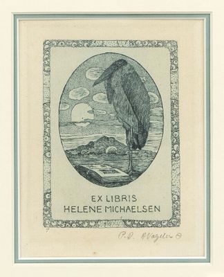 Heinrich Vogeler (1872-1942), bookplate Helene Michaelsen, etching in green, proof, signed 