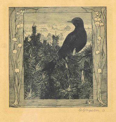 Heinrich Vogeler (1872-1942), ''Die Amsel'' (The Blackbird), etching in green on vellum, signed 