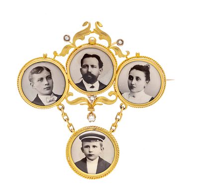 Medallion brooch, circa 1880, GG 333/000, unstamped, tested, and RG 333/000, with 4 round photo 