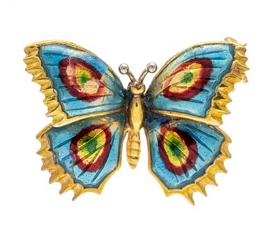 Figurative brooch GG/WG 750/000 in the shape of a butterfly, with polychrome enamel, L. 22 mm, 3.8 g