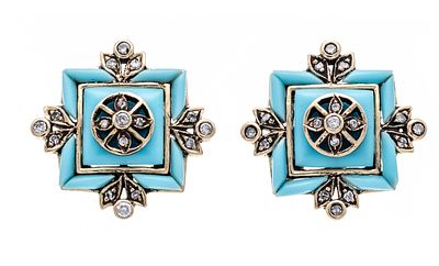 Brilliant-cut stud earrings GG 375/000 with cut turquoise plastic elements and brilliant-cut 