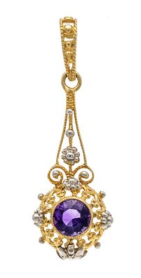 Filigree amethyst pendant GG/WG 585/000 with a round-faceted amethyst 5 mm, L. 32 mm, 1.5 g