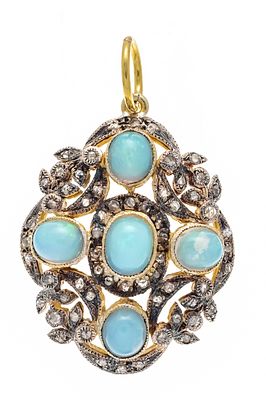 Opal and diamond pendant in 925/000 silver, gold-plated, partially blackened, and GG 585/000 